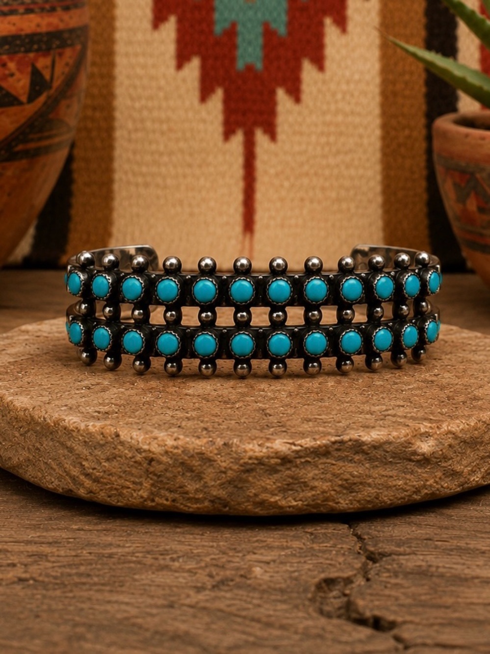 Vintage Fred Harvey Style Sterling Silver Turquoise Petit Point Cuff Bracelet